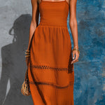 ElevenOra Chic Elegant Orange Cotton-Linen Blend Spaghetti Straps Square-Neck Sleeveless Tailored-Waist Lace Trim Detail A-Line Maxi Dress