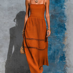ElevenOra Chic Elegant Orange Cotton-Linen Blend Spaghetti Straps Square-Neck Sleeveless Tailored-Waist Lace Trim Detail A-Line Maxi Dress