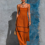 ElevenOra Chic Elegant Orange Cotton-Linen Blend Spaghetti Straps Square-Neck Sleeveless Tailored-Waist Lace Trim Detail A-Line Maxi Dress