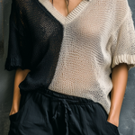ElevenOra Chic Casual Black-Oatmeal  Colorblock V-Neck Short-Sleeve Loose-Fit Mesh Knit Sweater Top
