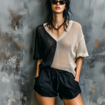 ElevenOra Chic Casual Black-Oatmeal  Colorblock V-Neck Short-Sleeve Loose-Fit Mesh Knit Sweater Top