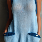 ElevenOra Chic Casual Light Blue Round-Neck Contrast Trim Sleeveless Patch Pocket Loose-Fit Knit Mini Dress
