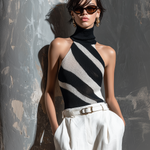 ElevenOra Chic Elegant Black-White Colorblock Halter Turtleneck Sleeveless Slim-Fit Knit Tank Top