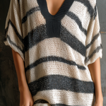 ElevenOra Chic Casual Black-White Stripe Colorblock V-Neck Short-Sleeve Raw Edge Loose-Fit Mesh Knit Mini Dress