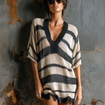 ElevenOra Chic Casual Black-White Stripe Colorblock V-Neck Short-Sleeve Raw Edge Loose-Fit Mesh Knit Mini Dress