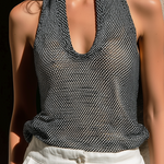 ElevenOra Chic Elegant Black Halter U-Neck Sleeveless Loose-Fit Mesh Knit Tank Top