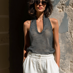 ElevenOra Chic Elegant Black Halter U-Neck Sleeveless Loose-Fit Mesh Knit Tank Top