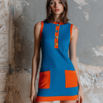 ElevenOra Chic Elegant Royal Blue Henley Neck Contrast Trim Button-Front Patch Pocket Sleeveless Slim-Fit Knit Mini Dress