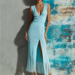 ElevenOra Chic Elegant Blue V-Neck Sleeveless Fringe Hem Slim-Fit Side Slit Ribbed Knit Midi Dress