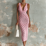 ElevenOra Chic Elegant Pink V-Neck Sleeveless Slim-Fit Hollow-Out Knit Midi Dress