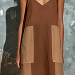 ElevenOra Chic Elegant Brown-Camel Colorblock Spaghetti Straps  V-Neck Sleeveless Loose-Fit Cotton-Linen Blend Midi Dress