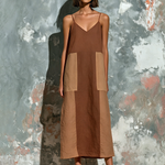 ElevenOra Chic Elegant Brown-Camel Colorblock Spaghetti Straps  V-Neck Sleeveless Loose-Fit Cotton-Linen Blend Midi Dress