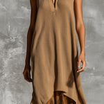 ElevenOra Chic Elegant Camel  Lapel V-Neck Sleeveless Loose-Fit A-Line Asymmetric Print Chiffon Hem Knit Midi Dress