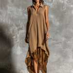 ElevenOra Chic Elegant Camel  Lapel V-Neck Sleeveless Loose-Fit A-Line Asymmetric Print Chiffon Hem Knit Midi Dress