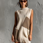 ElevenOra Chic Elegant Off-White-Camel Colorblock Mock Neck Sleeveless Loose-Fit Knit Mini Dress