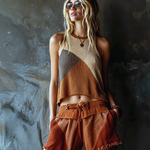 ElevenOra Chic Elegant Beige-Camel Colorblock Round-Neck Sleeveless Loose-Fit A-Line Knit Tank Top