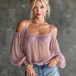 ElevenOra Chic Elegant Pink Textured Chiffon Spaghetti Straps Square-Neck Long-Lantern-Sleeve Loose-Fit Shirt