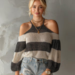 ElevenOra Chic Elegant Black-Beige Colorblock Halter-Neck Cold-Shoulder Long-Lantern-Sleeve Loose-Fit Knit Sweater