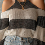 ElevenOra Chic Elegant Black-Beige Colorblock Halter-Neck Cold-Shoulder Long-Lantern-Sleeve Loose-Fit Knit Sweater