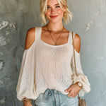 ElevenOra Chic Elegant Beige Square-Neck Cold-Shoulder Long-Lantern-Sleeve Loose-Fit Mesh Knit Sweater