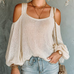 ElevenOra Chic Elegant Beige Square-Neck Cold-Shoulder Long-Lantern-Sleeve Loose-Fit Mesh Knit Sweater