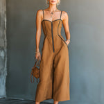ElevenOra Chic Elegant Caramel Brown Cotton-Linen Blend Spaghetti Straps Zipper-Up Square-Neck Sleeveless Wide-Leg Jumpsuit