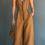 ElevenOra Chic Elegant Caramel Brown Cotton-Linen Blend Spaghetti Straps Zipper-Up Square-Neck Sleeveless Wide-Leg Jumpsuit