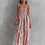 ElevenOra Chic Elegant Pink Stripes Chiffon Shirring Detail Strapless Square-Neck Sleeveless Straight-Leg Jumpsuit