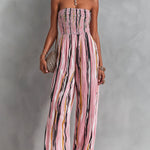 ElevenOra Chic Elegant Pink Stripes Chiffon Shirring Detail Strapless Square-Neck Sleeveless Straight-Leg Jumpsuit