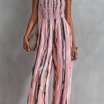 ElevenOra Chic Elegant Pink Stripes Chiffon Shirring Detail Strapless Square-Neck Sleeveless Straight-Leg Jumpsuit
