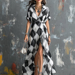 ElevenOra Chic Elegant Black-White Colorblock Argyle Pattern Chiffon Lapel V-Neck Short-Sleeve Slit Detail Maxi Dress