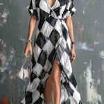 ElevenOra Chic Elegant Black-White Colorblock Argyle Pattern Chiffon Lapel V-Neck Short-Sleeve Slit Detail Maxi Dress