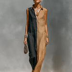 ElevenOra Chic Elegant Camel-Black Colorblock Cotton-Linen Blend Zipper-Up Lapel Collar Sleeveless Loose-Fit Maxi Dress