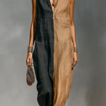 ElevenOra Chic Elegant Camel-Black Colorblock Cotton-Linen Blend Zipper-Up Lapel Collar Sleeveless Loose-Fit Maxi Dress