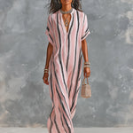 ElevenOra Chic Elegant Pink-Black Stripes Chiffon V-Neck Short-Sleeve Loose-Fit Maxi Dress