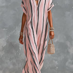 ElevenOra Chic Elegant Pink-Black Stripes Chiffon V-Neck Short-Sleeve Loose-Fit Maxi Dress