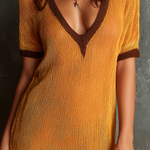 ElevenOra Chic Elegant Mustard Yellow V-Neck Contrast Trim Short-Sleeve Loose-Fit Mesh Knit Mini Dress