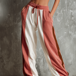 ElevenOra Chic Elegant White-Pink Colorblock Elastic Waist French Terry Wide-Leg Pants