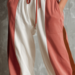 ElevenOra Chic Elegant White-Pink Colorblock Elastic Waist French Terry Wide-Leg Pants