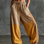 ElevenOra Chic Elegant Beige- Mustard Yellow-Camel Colorblock Elastic Waist Cotton Blend Wide-Leg Pants