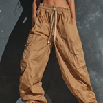 ElevenOra Chic Elegant Camel High Waist Drawstring Patch Pocket Crinkled Nylon Cargo Wide-Leg Pants