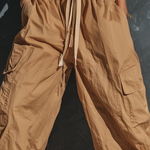 ElevenOra Chic Elegant Camel High Waist Drawstring Patch Pocket Crinkled Nylon Cargo Wide-Leg Pants