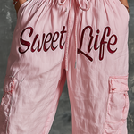 ElevenOra Chic Elegant Pink Letter Print High Waist Drawstring Patch Pocket Cotton Blend Wide-Leg Pants