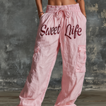 ElevenOra Chic Elegant Pink Letter Print High Waist Drawstring Patch Pocket Cotton Blend Wide-Leg Pants