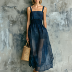 ElevenOra Chic Elegant Navy Blue Subtle Stripes Wide Spaghetti Straps Square Neck Sleeveless Elastic Smocked A-line Sheer Chiffon Midi Dress