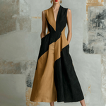 ElevenOra Chic Elegant Black-Camel Colorblock V-Neck Sleeveless A-line Cotton-Linen Blend Midi Dress
