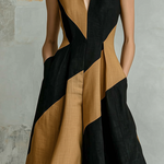ElevenOra Chic Elegant Black-Camel Colorblock V-Neck Sleeveless A-line Cotton-Linen Blend Midi Dress