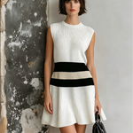 ElevenOra Chic Elegant White Round Neck Contrast Trim Sleeveless A-line Loose-Fit Knit Midi Dress