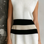 ElevenOra Chic Elegant White Round Neck Contrast Trim Sleeveless A-line Loose-Fit Knit Midi Dress