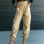ElevenOra Chic Casual Beige Cotton Blend Drawstring Elastic Waist Multi-Pocket Cuffed Cargo Pants